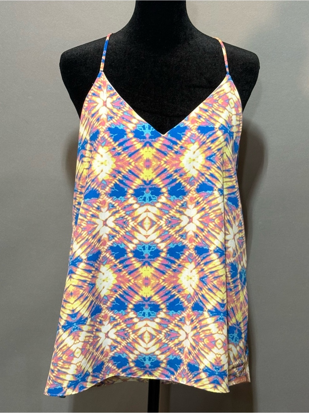 NWT Bright Blue Tie-Dye V-Neck Cami with Yellow & Pink Accents